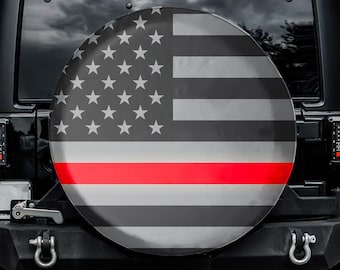 All American - Firefighter Red Spare Tire Cover, No Camera Hole, For Jeep, For Bronco, For FJ Cruiser, For Camper, For RV, For SUV