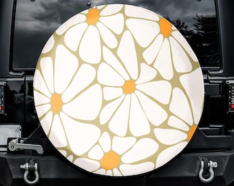 Boho Daisy Flowers Spare Tire Cover, No Camera Hole, For Jeep, For Bronco, For FJ Cruiser, For Camper, For RV, For SUV