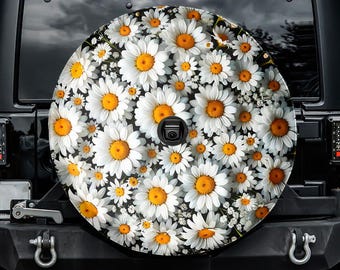 White Daisy Bouquet Spare Tire Cover, With Camera, For Jeep, For Bronco, For Defender, For Camper, For RV, For SUV, For Her