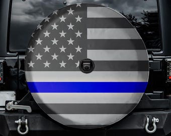 All American - Law Enforcement Blue Spare Tire Cover, With Camera Hole, For Jeep, For Bronco, For FJ Cruiser, For Camper, For RV, For SUV