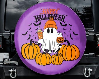 Halloween Retro Ghost Spare Tire Cover, No Camera Hole, For Jeep, For Bronco, For FJ Cruiser, For Camper, For RV, For SUV