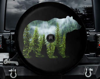 Mountain Bear - Pine Forest Spare Tire Cover, With Camera Hole, For Jeep, For Bronco, For FJ Cruiser, For Camper, For RV, For SUV