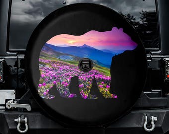 Mountain Bear - Purple Flowers Spare Tire Cover, With Camera Hole, For Jeep, For Bronco, For FJ Cruiser, For Camper, For RV, For SUV