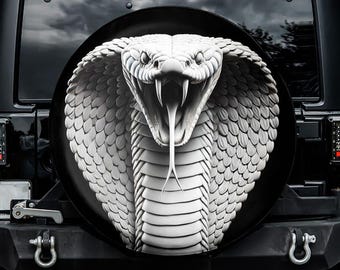 White Cobra Snake Spare Tire Cover, No Camera Hole, For Jeep, For Bronco, For FJ Cruiser, For Camper, For RV, For SUV