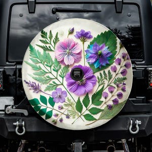 Pressed Purple Flowers Spare Tire Cover, With Camera Hole, For Jeep, For Bronco, For Defender, For Camper, For RV, For SUV, For Her