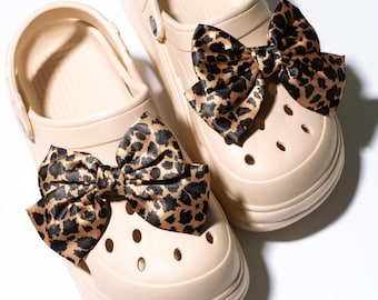 Leopard Satin Bow Shoe Charms: Animal Print Coquette Ribbon (Pair)