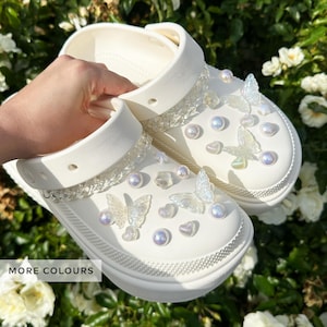 Holographic Butterfly Shoe Charms Set: Glitter Jelly, Aurora Pearls & Chains - Set of 26