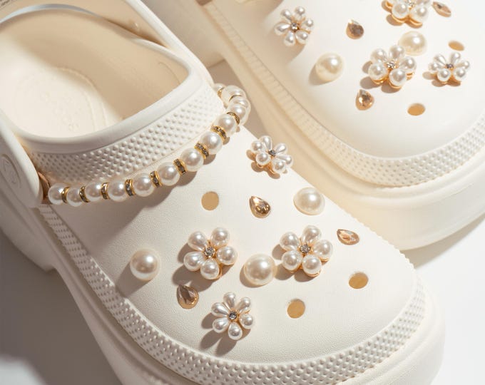 Pearl Flower Shoe Charms Set: Gold Bling Clog Accessories