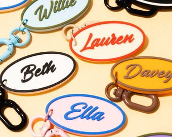 Personalised Retro Name Badge Keychain | Vintage Style Name Tag Keyring | Custom Name Keychain