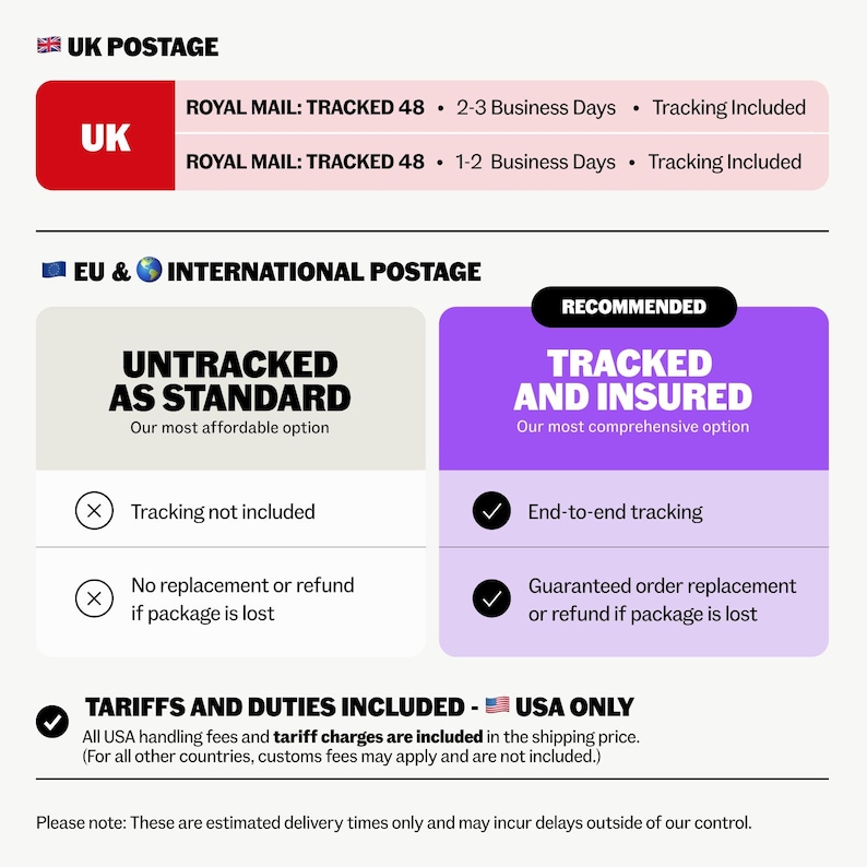May include: A graphic with shipping information, including UK and international postage options. It details tracked and untracked services, with text like "Tracked and Insured" and "Untracked as Standard." The graphic also mentions tariffs and duties for USA orders.