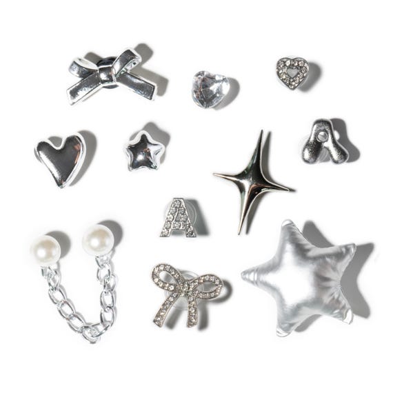 50+ Silver Clog Shoe Charms | Metal, Metallic, Bling and Pearl