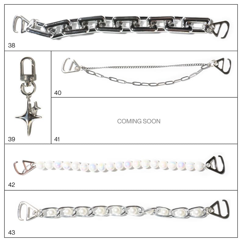 May include: A collection of silver-toned chain accessories. Includes a chunky chain, a delicate chain, a pearl strand, and a pearl chain. Also features a keychain with a star charm. The text "COMING SOON" is also visible.