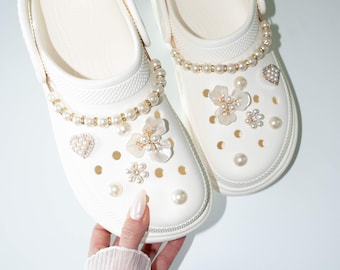 Pearl Flower Shoe Charms Set: Gold Bling Clog Accessories