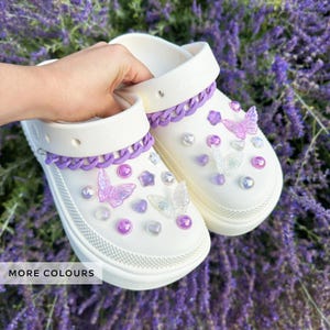 Holographic Butterfly Shoe Charms Set: Glitter Jelly, Aurora Pearls & Chains - Set of 26