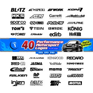 Puede incluir: Una colección de 40 logotipos de deportes de motor de alto rendimiento en blanco y negro, incluyendo marcas como BLITZ, HKS, Sparco y TOM'S. Una pancarta azul muestra "40 Logotipos de Motorsport de Rendimiento".