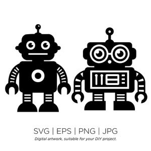 May include: Two black and white robot illustrations. The robot on the left has a round head with two eyes and a single antenna. The robot on the right has a rectangular head with two eyes and a single antenna. Both robots have striped legs and arms.