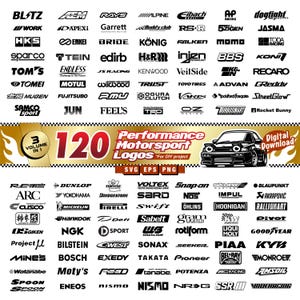 May include: Digital download graphic with 120 performance motorsport logos for DIY projects. Includes logos from brands like Sparco, Bride, and Nismo. Formats include SVG, EPS, and PNG.