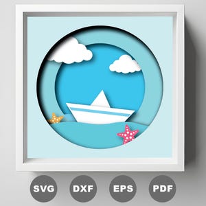 Boot auf dem Meer Schattenbox, 3D-Schichtung Blauer Ozean SVG, Cricut-Svg-Datei DIY, 3D-Papierschnitt Light Box SVG, Cricut Silhouette