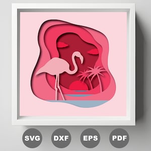 May include: A pink flamingo stands in front of a sunset with palm trees. The image is a paper cut-out style design with layers of pink and red.
