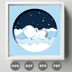Caja de sombras de bebé durmiendo en la nube, bebé en capas 3D en el cielo SVG, archivo Cricut svg DIY, caja de luz cortada en papel 3D SVG, silueta Cricut