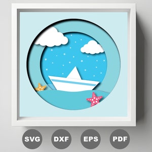 Boot mit Schnee Schattenbox, 3D-geschichtetes blaues Meer SVG, Cricut-Svg-Datei DIY, 3D-Papierschnitt Light Box SVG, Cricut Silhouette