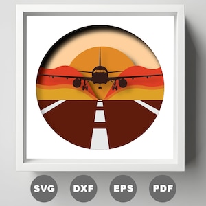 Caja de sombras con despegue de avión, SVG con despegue de avión en capas 3D, archivo SVG de Cricut para hacer uno mismo, caja de luz SVG con corte de papel 3D, silueta de Cricut