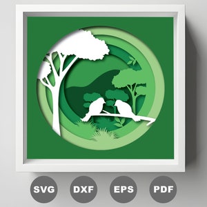 Caja de sombras de pareja de pájaros, árbol en capas 3D, bosque verde SVG, archivo SVG de Cricut DIY, caja de luz de corte de papel 3D SVG, silueta de Cricut