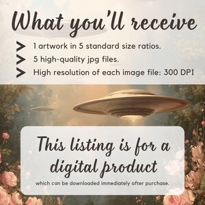 Pu&ograve; includere: Immagine con testo che recita "Cosa riceverai" e "Questo annuncio &egrave; per un prodotto digitale". L'immagine include un'opera d'arte digitale di un disco volante. L'annuncio include 1 opera d'arte in 5 formati standard e 5 file JPG di alta qualit&agrave;.