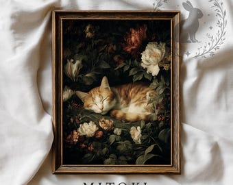 Schlafende Katze: Gothic Blumendruck, Cottagecore Moody Decor (Digitaler Download)
