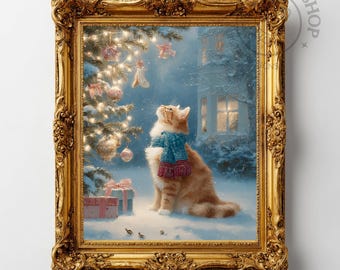 Christmas Cat Print – Vintage Holiday Wall Art, Festive Decor (Instant Download)