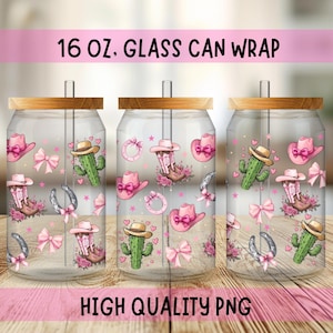 Cowgirl Glass Can Wrap, Can Glass Wrap PNG, 16 oz Glass Can Wrap, Glass Can Sublimation Wrap, Pink girly, Glass Can Design, Libbey glass can