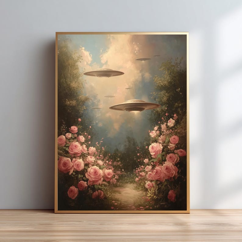 Pu&ograve; includere: Una stampa artistica incorniciata raffigura una scena surreale di dischi volanti sopra un roseto. L'opera presenta rose rosa, un sentiero e un cielo con nuvole. La cornice &egrave; dorata e l'estetica generale &egrave; vintage.