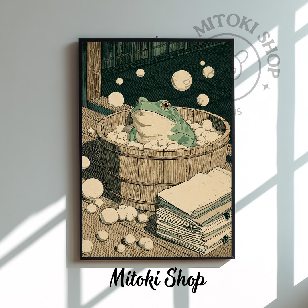 Japanese Frog Bath Illustration Print: Funny Bathroom Decor Wall Art ...
