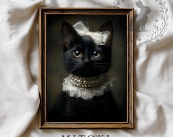 Victorian Black Cat Portrait Wall Art: Dark Academia Decor, Whimsical Animal Print (Digital Download)