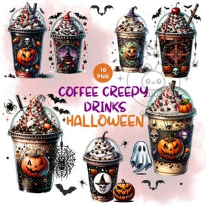 Halloween Coffee Clipart, Scary Gothic Watercolor Coffee Drink Clipart Bundle, Spooky Season PNG Bundle, Pumpkin Designs Instant Download