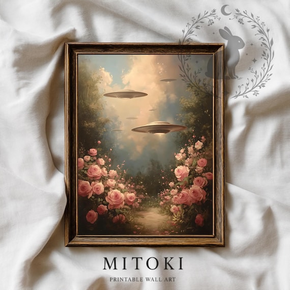Surreal UFO Wall Art Print: Vintage Floral Oil Painting Sci-Fi (Instant Download)