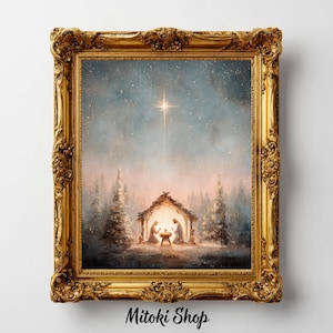 ヴィンテージクリスマス教会絵画：雪の降る冬の風景（デジタル