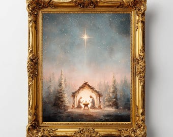 May include: A framed painting depicting a nativity scene under a starry sky. The artwork features a glowing star above a small shelter with figures inside, surrounded by trees. The frame is ornate with a gold finish, and the text "Mitoki Shop" is at the bottom.
