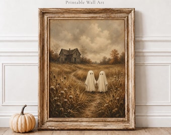 May include: A framed wall art print featuring a sepia-toned landscape with a rustic house in the distance and two white ghosts holding hands in a field of tall, dry grass. The text MITOKI Printable Wall Art is visible at the top of the image.