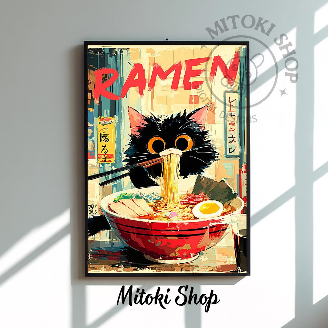 Japanese Ramen Black Cat Poster Print: Retro Noodle Bowl, Kawaii Anime ...