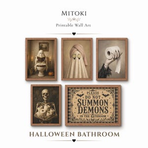May include: A set of five framed wall art prints featuring Halloween bathroom themes. Images include a ghost on a toilet, a ghost with a towel and cucumber slices, a hand holding toilet paper, a skeleton with toilet paper, and a sign reading PLEASE DO NOT SUMMON DEMONS IN THE BATHROOM.