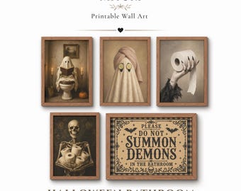 May include: A set of five framed wall art prints featuring Halloween bathroom themes. Images include a ghost on a toilet, a ghost with a towel and cucumber slices, a hand holding toilet paper, a skeleton with toilet paper, and a sign reading PLEASE DO NOT SUMMON DEMONS IN THE BATHROOM.