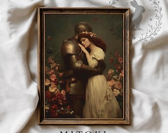 Stampa romantica raffigurante un cavaliere e una fanciulla che si abbracciano - Arte fantasy medievale, dipinto ad olio in stile barocco
