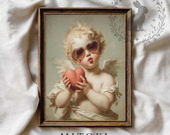 Arte murale vintage con Cupido: giocoso cherubino rinascimentale con occhiali da sole, decorazione romantica per San Valentino