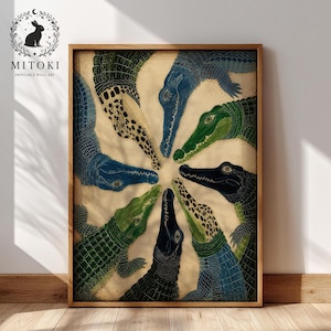 May include: A rectangular wall art print featuring a circular arrangement of seven crocodiles in shades of blue, green, and black. The crocodiles are positioned with their snouts pointing towards the centre against a textured beige background.