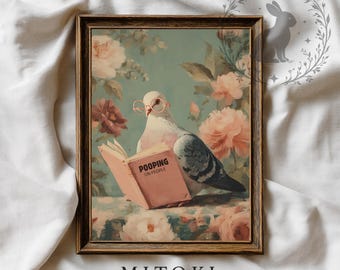 Humorous Pigeon Reading Bathroom Art Print: Quirky Home Decor, Reading & Pooping Toilet (Digital)
