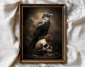 Gothic Raven Wall Art – Skull and Rose Memento Mori Oil Painting Print (Digital Download)