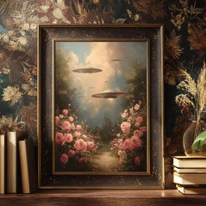 Pu&ograve; includere: Dipinto incorniciato raffigurante un paesaggio surreale con rose rosa e dischi volanti nel cielo. L'opera d'arte ha un'estetica vintage, con una cornice scura e ornata. Lo sfondo presenta una carta da parati floreale e una superficie in legno.