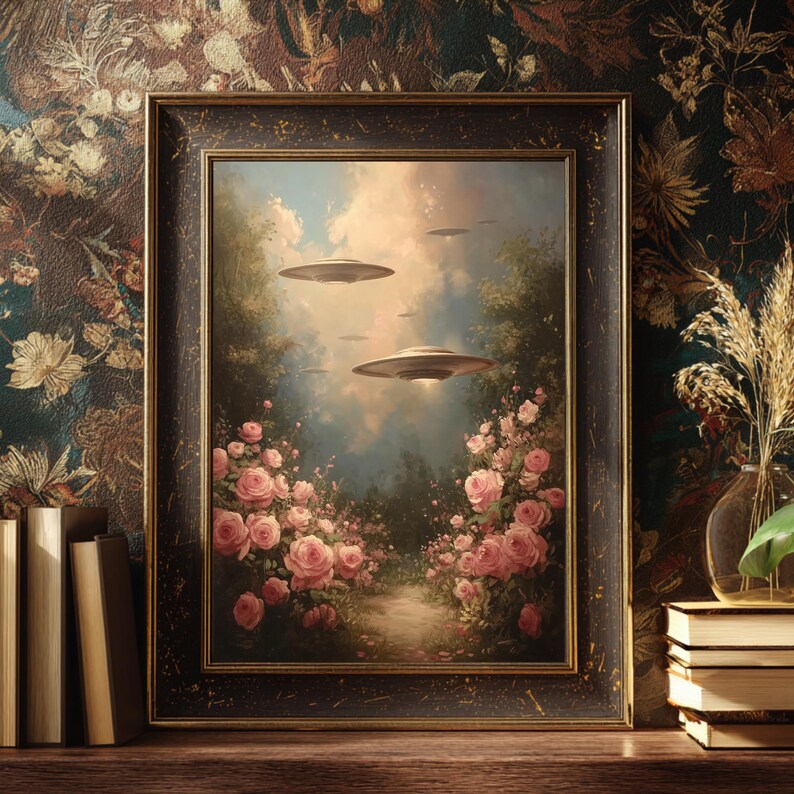 Pu&ograve; includere: Dipinto incorniciato raffigurante un paesaggio surreale con rose rosa e dischi volanti nel cielo. L'opera d'arte ha un'estetica vintage, con una cornice scura e ornata. Lo sfondo presenta una carta da parati floreale e una superficie in legno.
