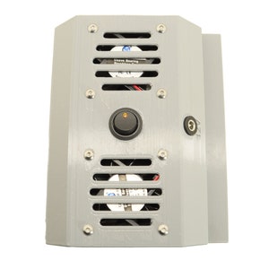 May include: A grey 3D printed enclosure with two small fans, a power switch, and a power cord connector. The fans have "Sleeve Bearing Brushless DC" labels.